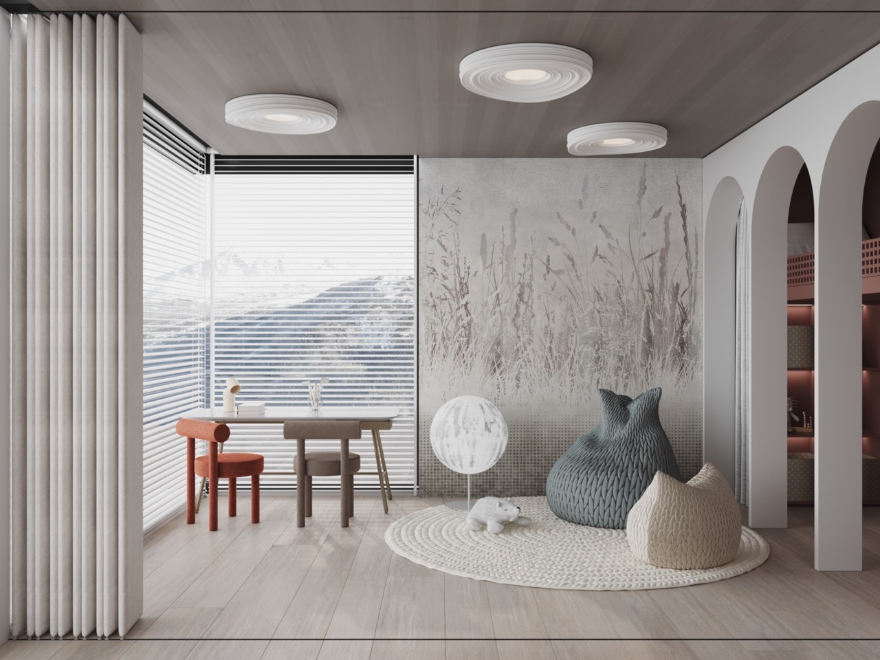 Kinderzimmer mit Pflanzenmotiv und Spielbereich