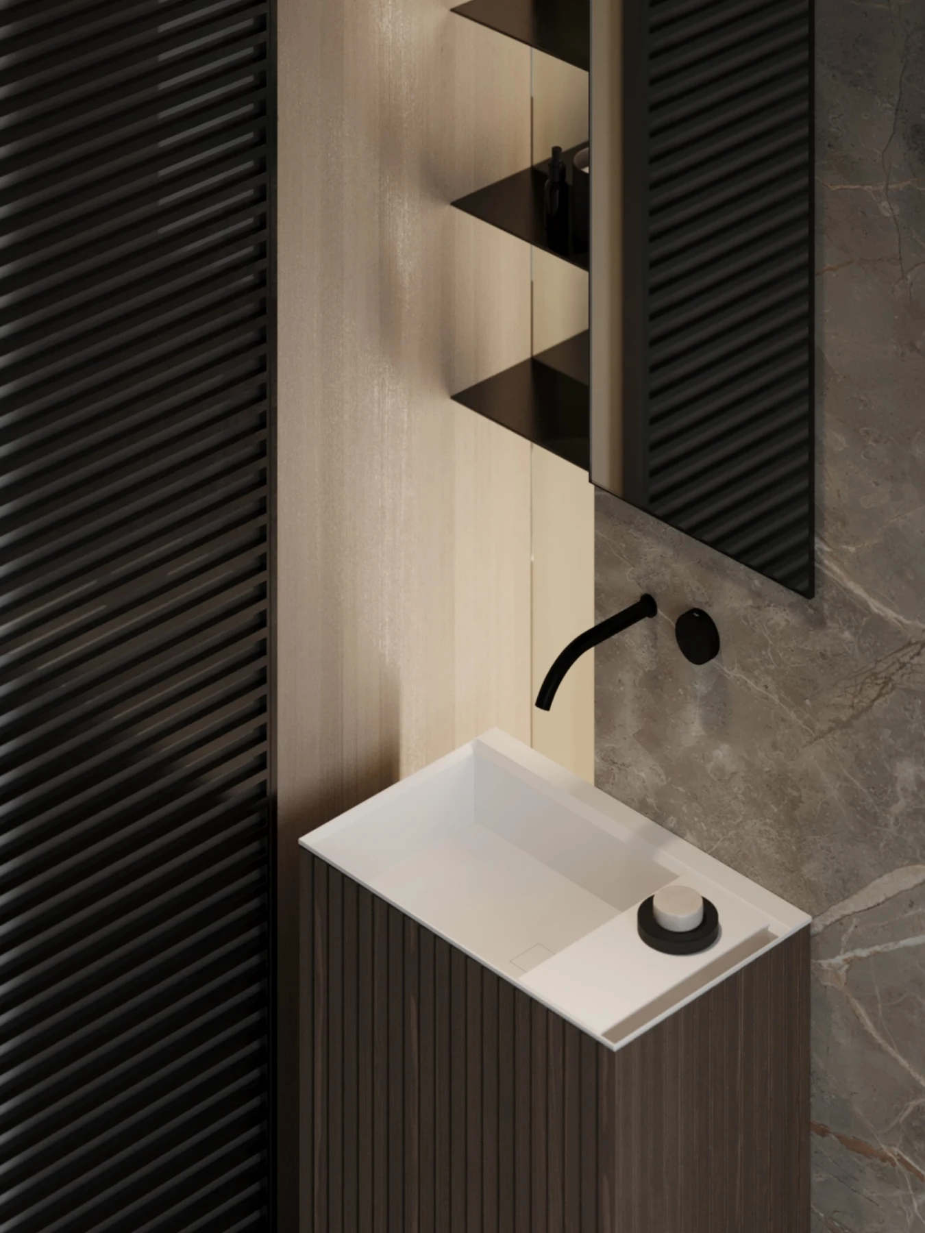 Waschtischdetail mit geriffelter Front, Wandarmatur und offenen Nischen