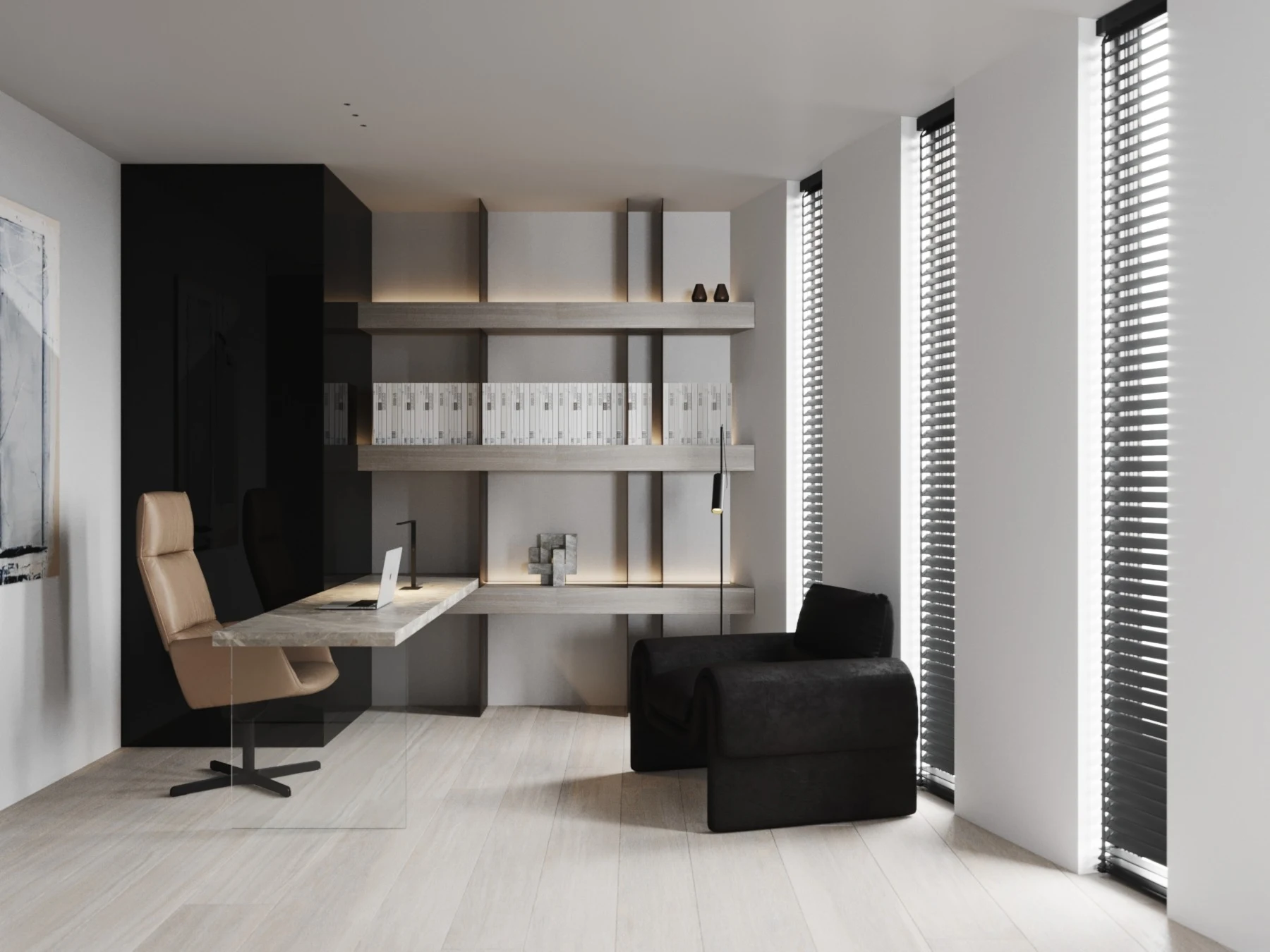 Arbeitszimmer mit Schreibtisch, Regalwand und Sitzbereich
